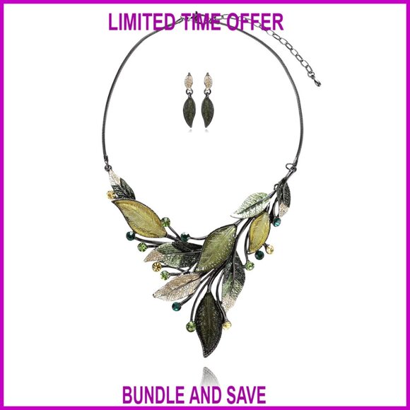 Jewelry - Vintage Statement Jewelry Set Crystal Rhinestone Floral Plant Necklace Earrings